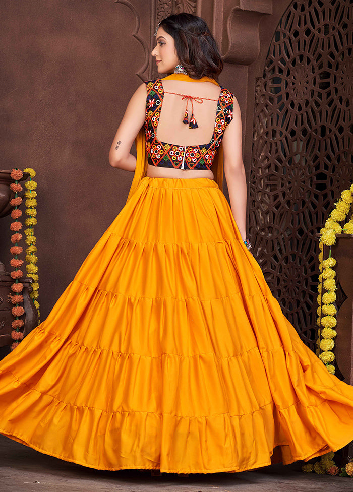 3 Pc Mustard Semi Stitched Lehenga Set