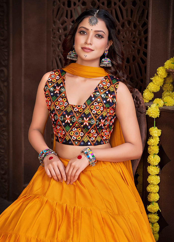 3 Pc Mustard Semi Stitched Lehenga Set