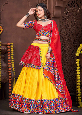 3 Pc Red & Yellow Georgette Semi Stitched Lehenga Set