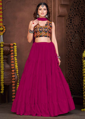 3 Pc Pink Silk Semi Stitched Lehenga Set