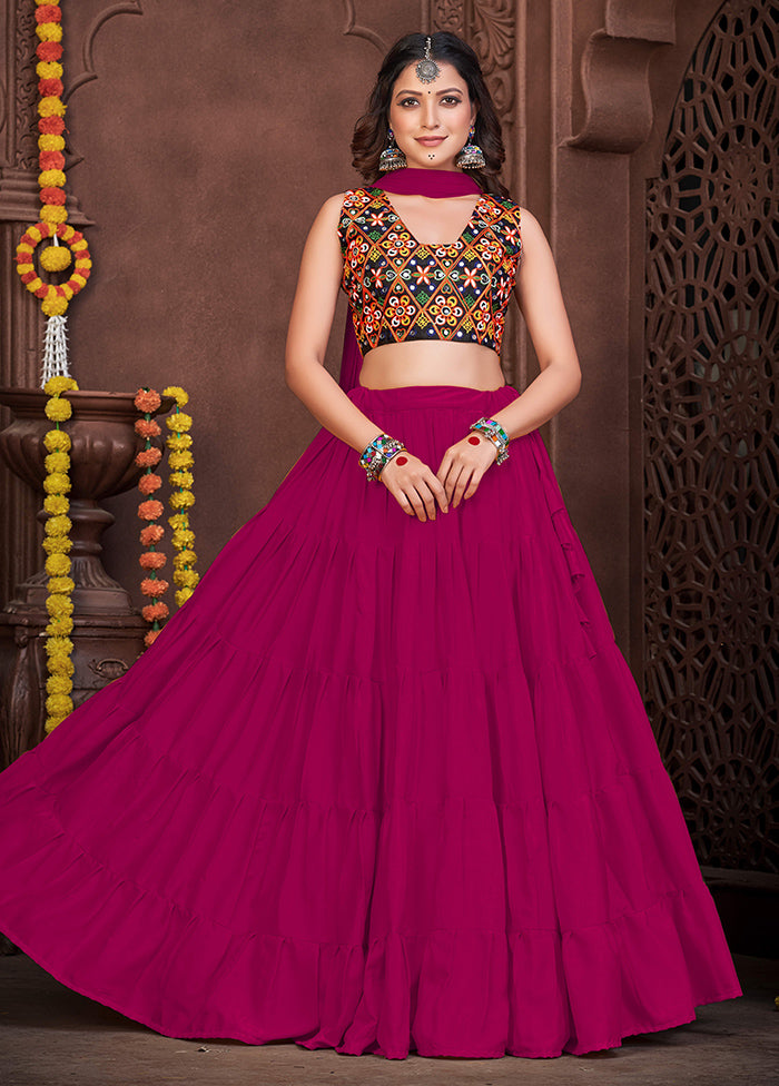 3 Pc Pink Semi Stitched Lehenga Set