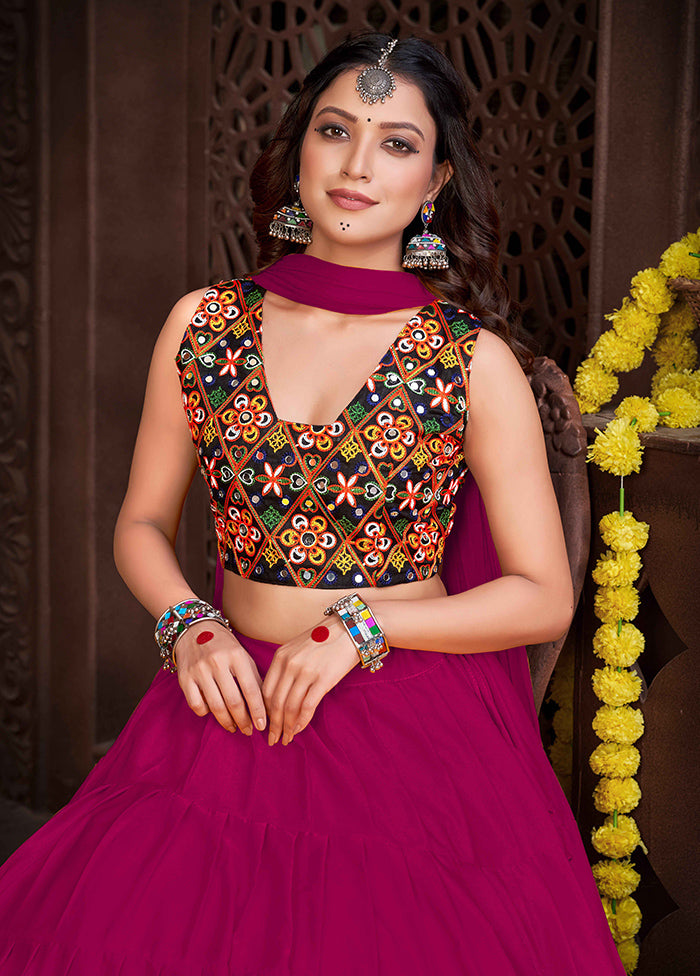 3 Pc Pink Semi Stitched Lehenga Set