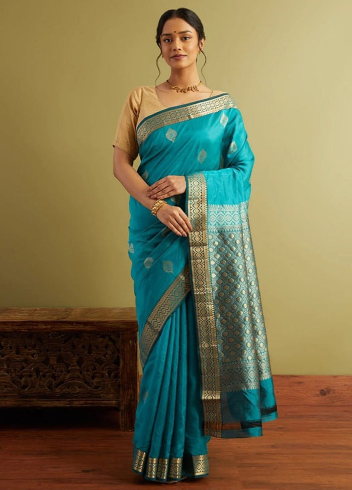 Sky Blue Banarasi Silk Saree With Blouse Piece