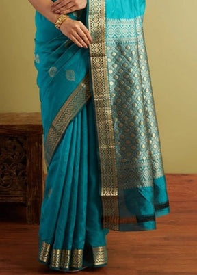 Sky Blue Banarasi Silk Saree With Blouse Piece