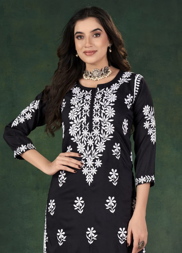 2 Pc Black Readymade Silk Kurti Set