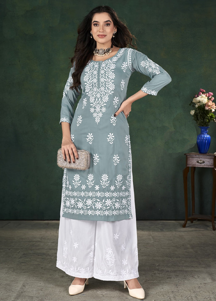 2 Pc Grey Readymade Silk Kurti Set