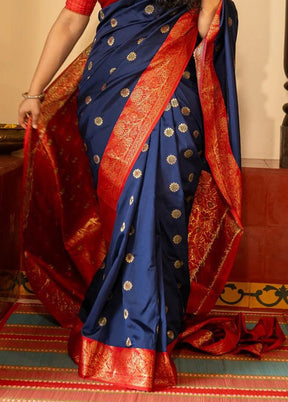 Navy Blue Banarasi Silk Saree With Blouse Piece