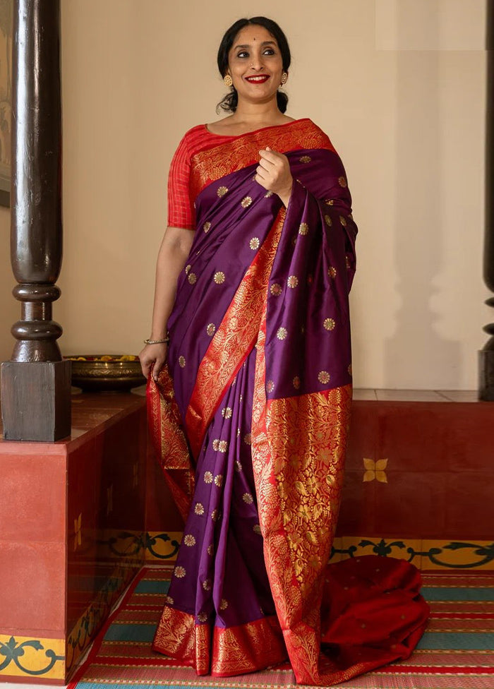 Purple Banarasi Silk Saree With Blouse Piece