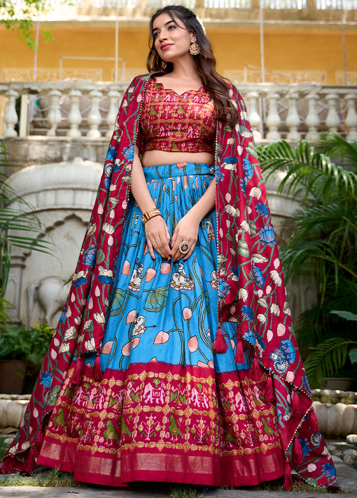 3 Pc  Blue Silk Semi Stitched Lehenga Set