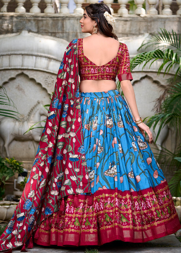 3 Pc  Blue Silk Semi Stitched Lehenga Set