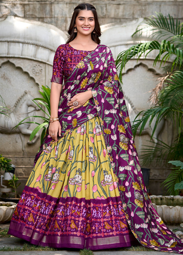 3 Pc Multicolor Silk Semi Stitched Lehenga Set