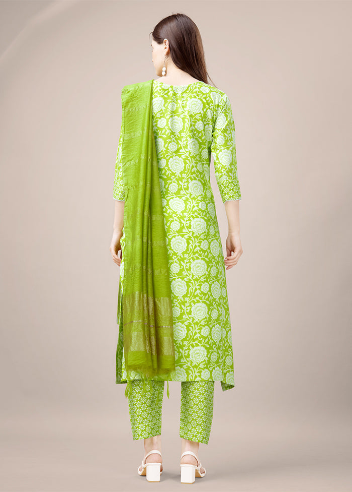 3 Pc Parrot Green Readymade Rayon Suit Set