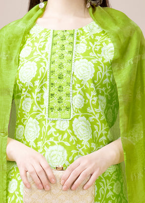 3 Pc Parrot Green Readymade Rayon Suit Set