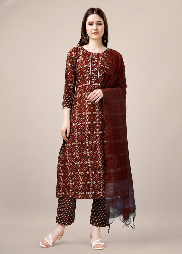 3 Pc Maroon Readymade Rayon Suit Set