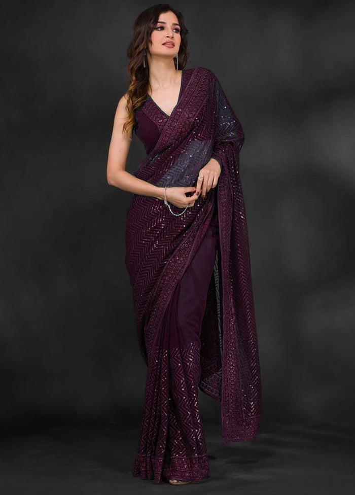 Wine Georgette Saree With Blouse Piece