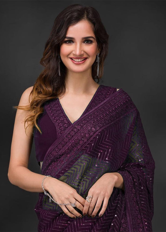 Wine Georgette Saree With Blouse Piece