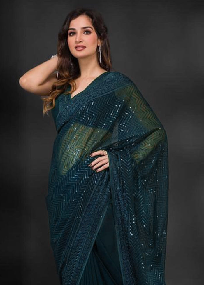 Teal Georgette Saree With Blouse Piece