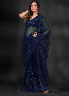 Navy Blue Georgette Saree With Blouse Piece