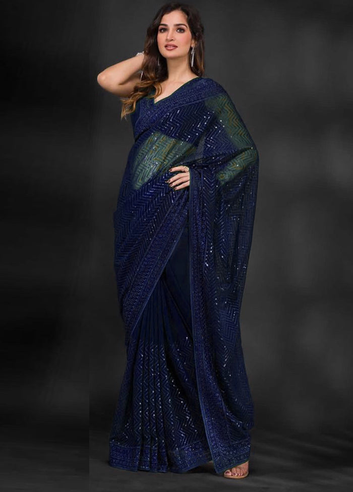 Navy Blue Georgette Saree With Blouse Piece