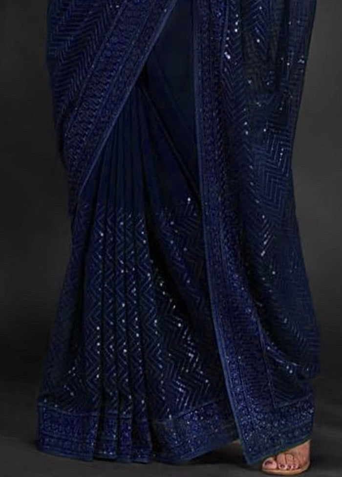 Navy Blue Georgette Saree With Blouse Piece