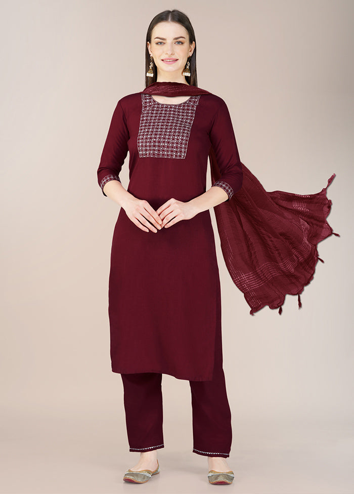 3 Pc Maroon Readymade Cotton Suit Set