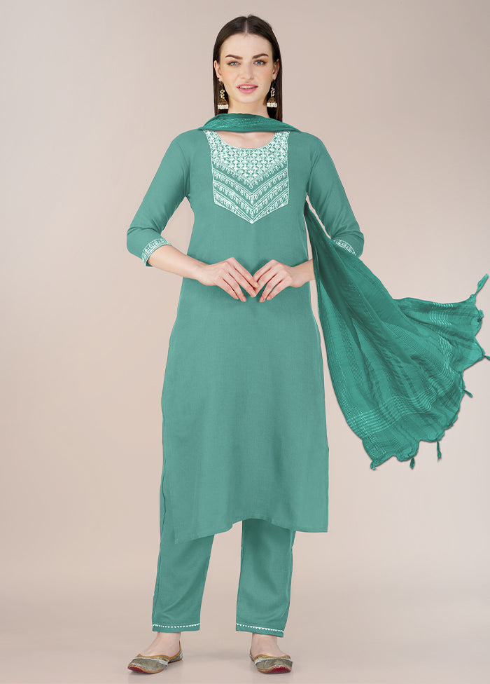 3 Pc Teal Readymade Cotton Suit Set