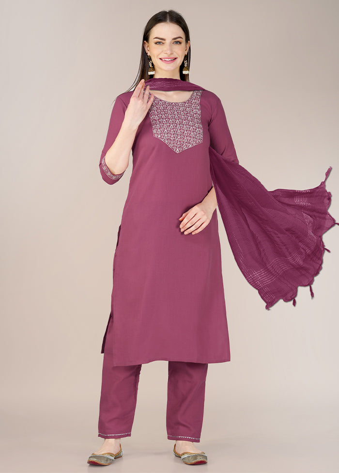 3 Pc Wine Readymade Cotton Suit Set