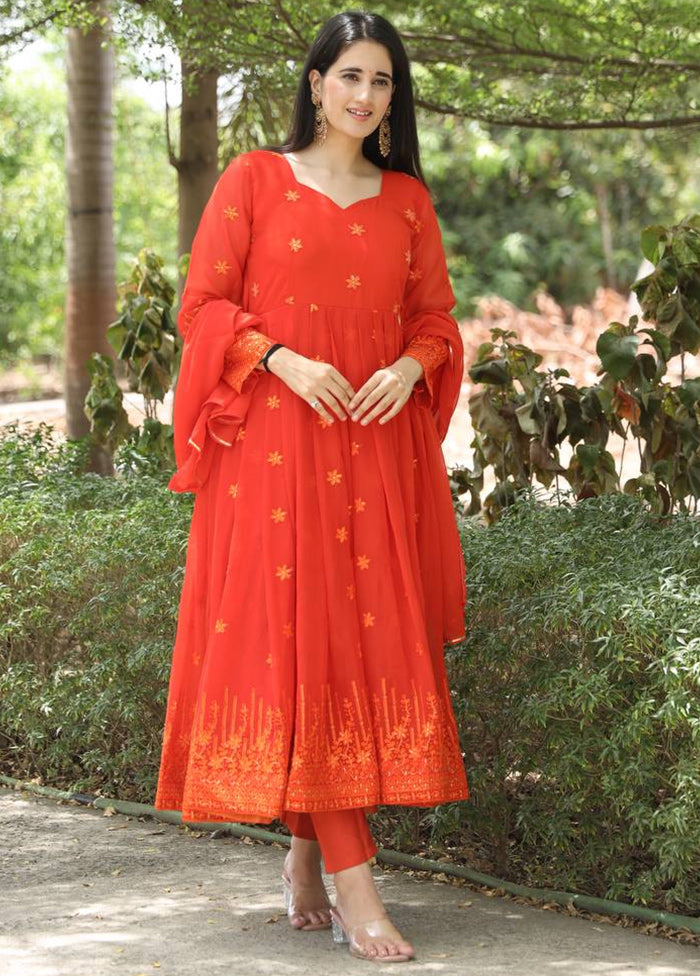 3 Pc Orange Readymade Georgette Suit Set