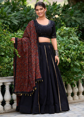 3 Pc Black Pure Cotton Semi Stitched Lehenga Set