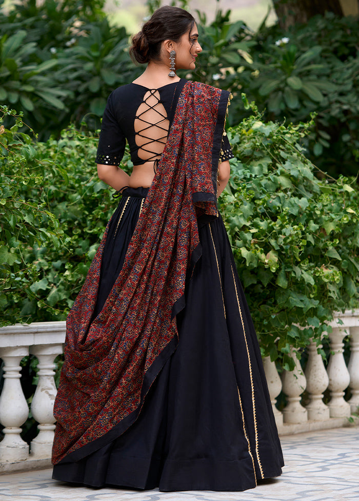 3 Pc Black Pure Cotton Semi Stitched Lehenga Set