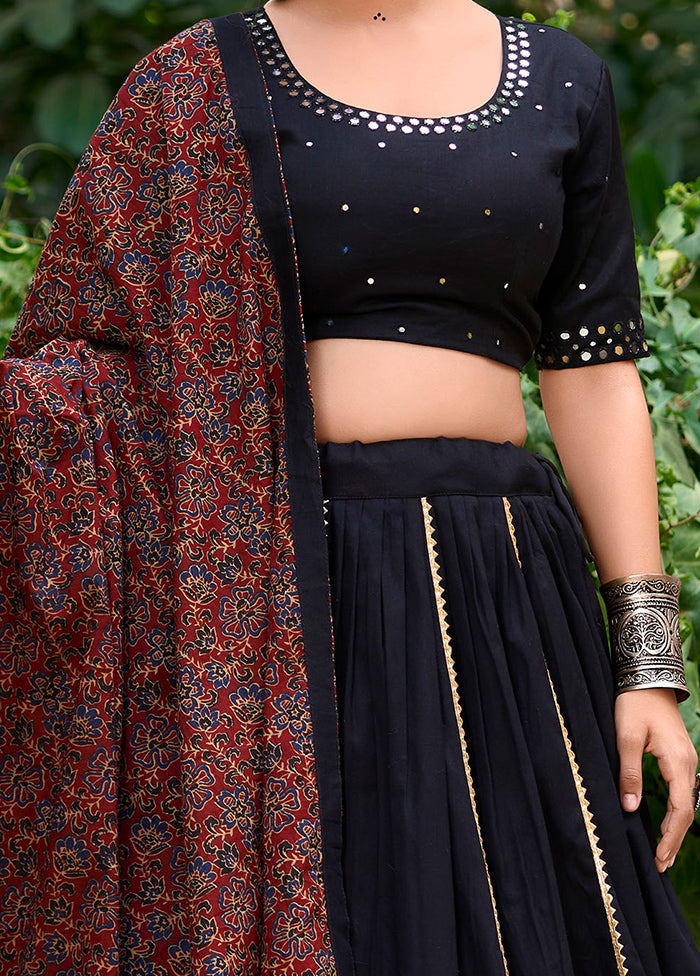 3 Pc Black Pure Cotton Semi Stitched Lehenga Set