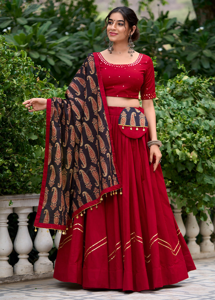 3 Pc Maroon Pure Cotton Semi Stitched Lehenga Set