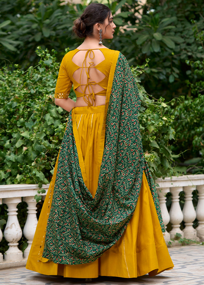 3 Pc Mustard Pure Cotton Semi Stitched Lehenga Set