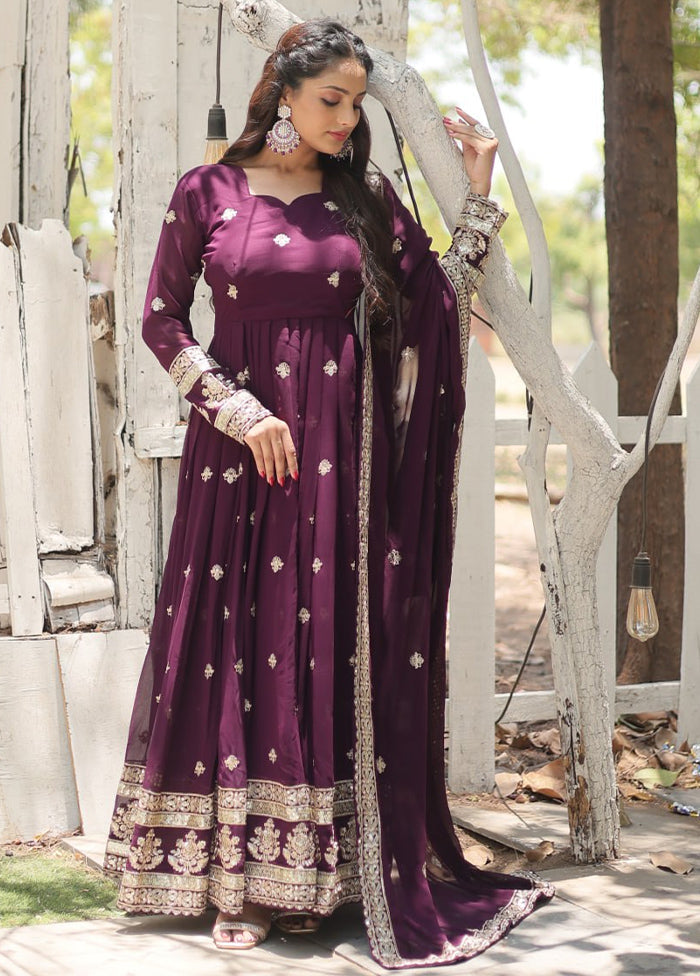 Purple Readymade Silk Dupatta Indian Dress