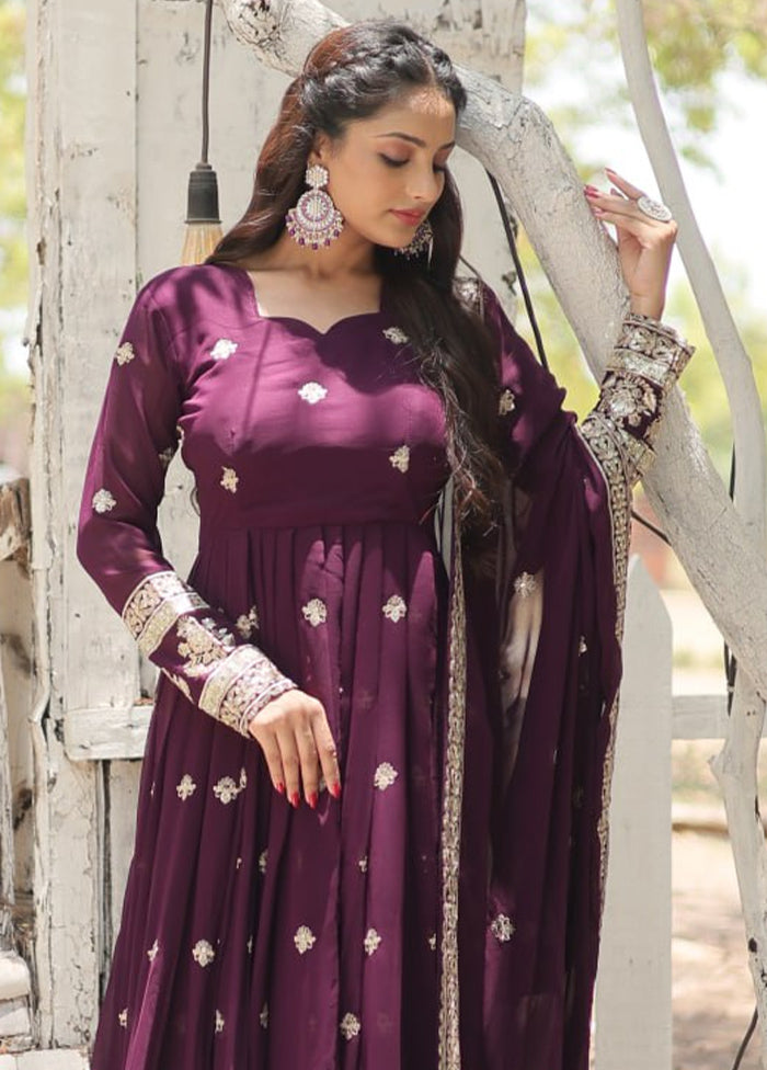 Purple Readymade Silk Dupatta Indian Dress