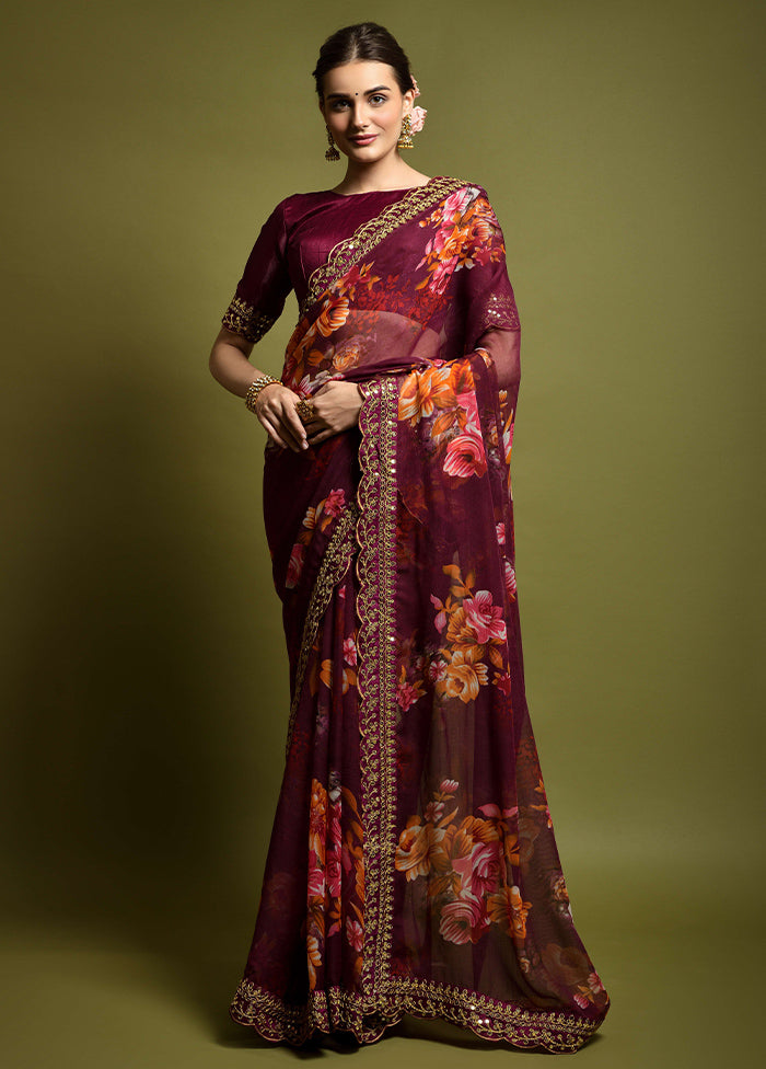 Wine Chiffon Silk Saree With Blouse Piece