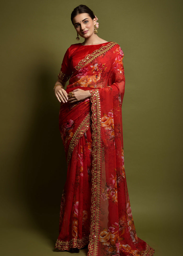 Red Chiffon Silk Saree With Blouse Piece