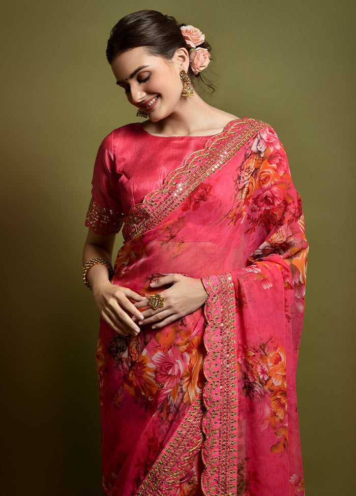 Pink Chiffon Silk Saree With Blouse Piece