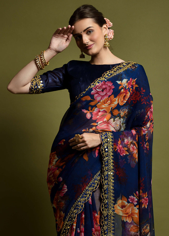 Navy Blue Chiffon Silk Saree With Blouse Piece