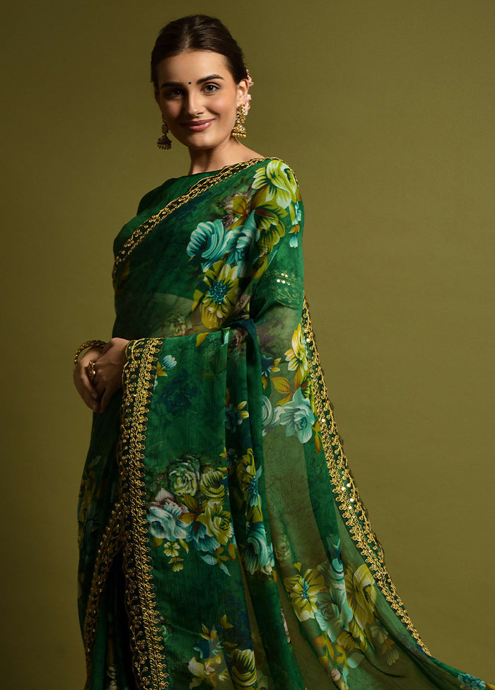 Green Chiffon Silk Saree With Blouse Piece