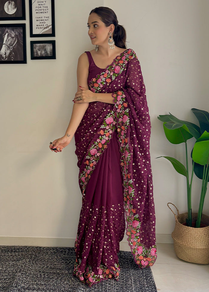 Wine Georgette Saree With Blouse Piece