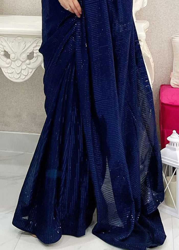 Navy Blue Georgette Saree With Blouse Piece