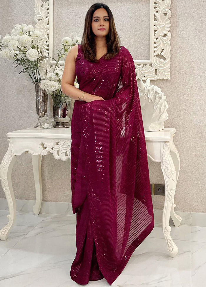 Wine Georgette Saree With Blouse Piece