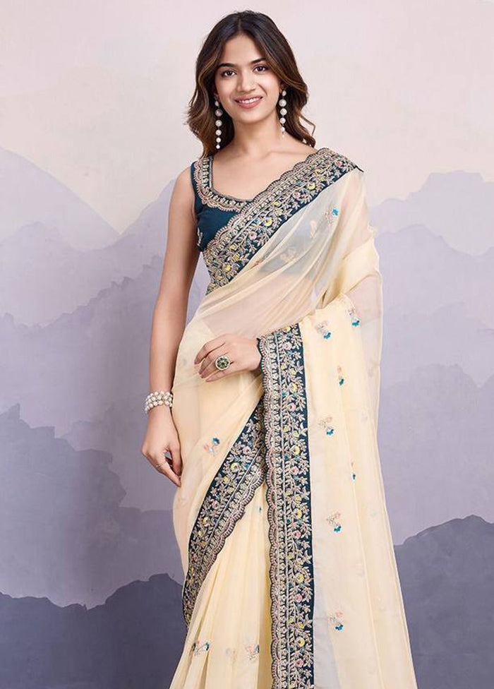 Cream Organza Saree With Blouse Piece