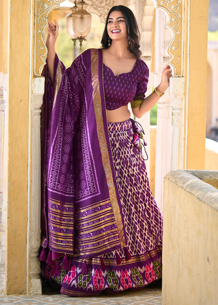 3 Pc Purple Silk Semi Stitched Lehenga Set