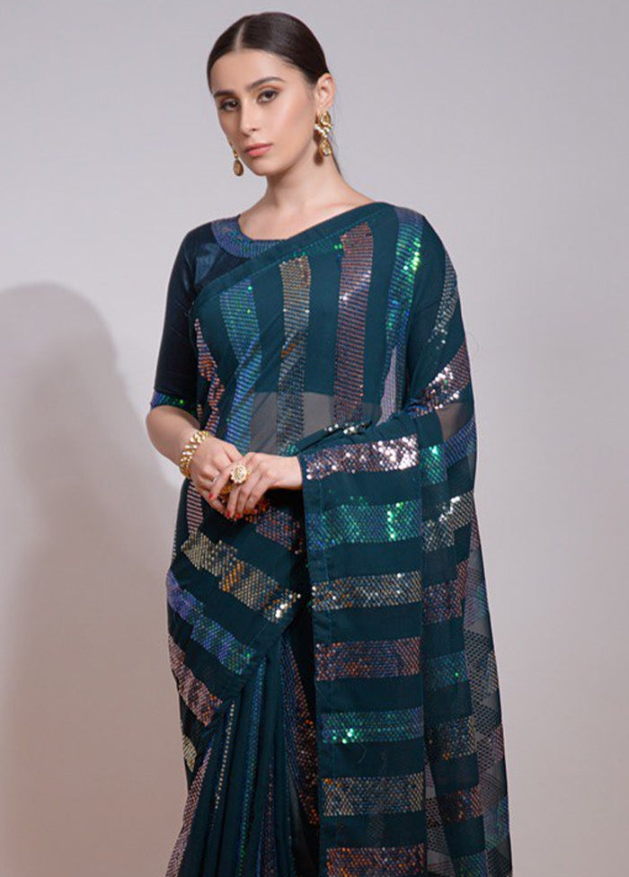 Teal Georgette Saree With Blouse Piece