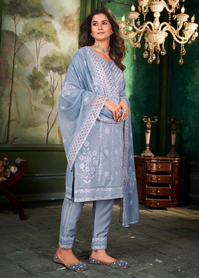 3 Pc Grey Readymade Silk Suit Set