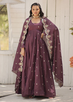 Purple Readymade Silk Dupatta Indian Dress