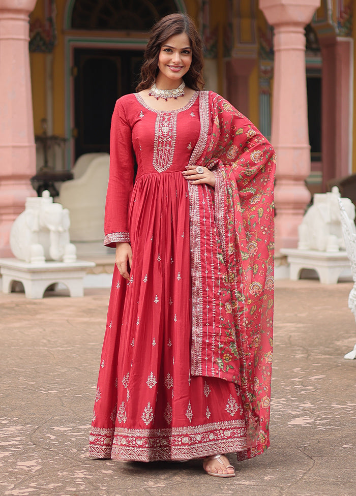 Maroon Readymade Silk Dupatta Indian Dress