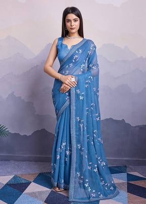 Blue Chiffon Silk Saree With Blouse Piece